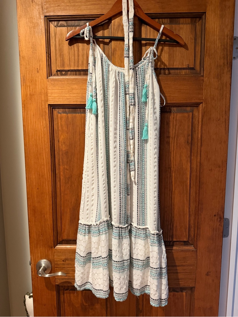 blue island Cream Midi Dress with Aqua Trim and Tassels